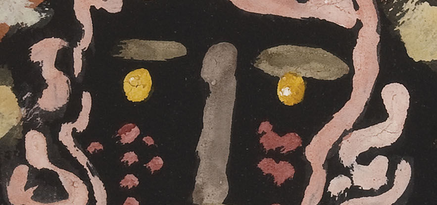 Detail 4: Yellow eyes, grey nose and red cheek marks in Likeness in the Bower
